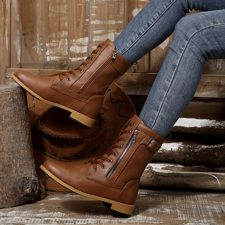 Women's Vintage Lace-Up Boots – Classic Mid-Calf Boots with Low Heel & Side Zipper