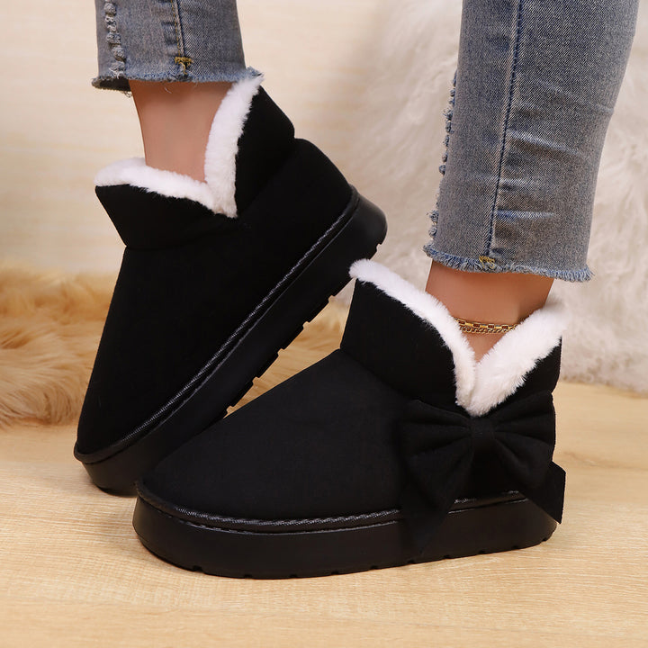 Women's Bow Ankle Boots – Warm Plush-Lined House Shoes for Fall & Winter
