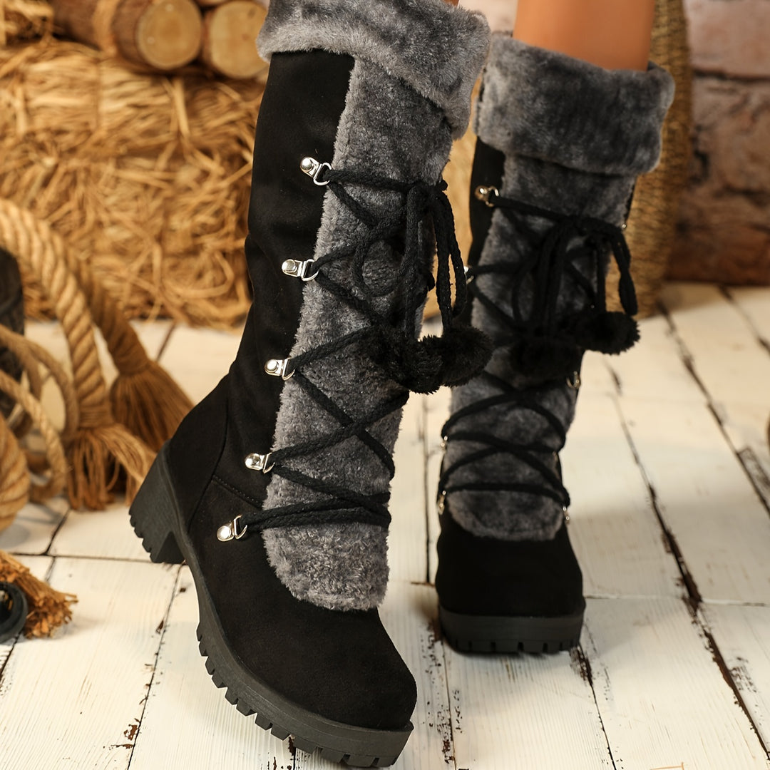 Women's Vintage Winter Boots – Fur-Lined Tall Boots with Lace-Up Detail & Side Zipper