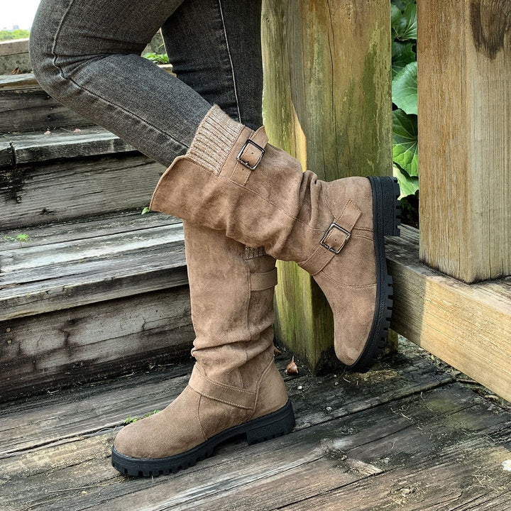 Women's Vintage Western Cowboy Boots – Suede Round-Toe Tall Boots with Block Heel & Buckle Detail