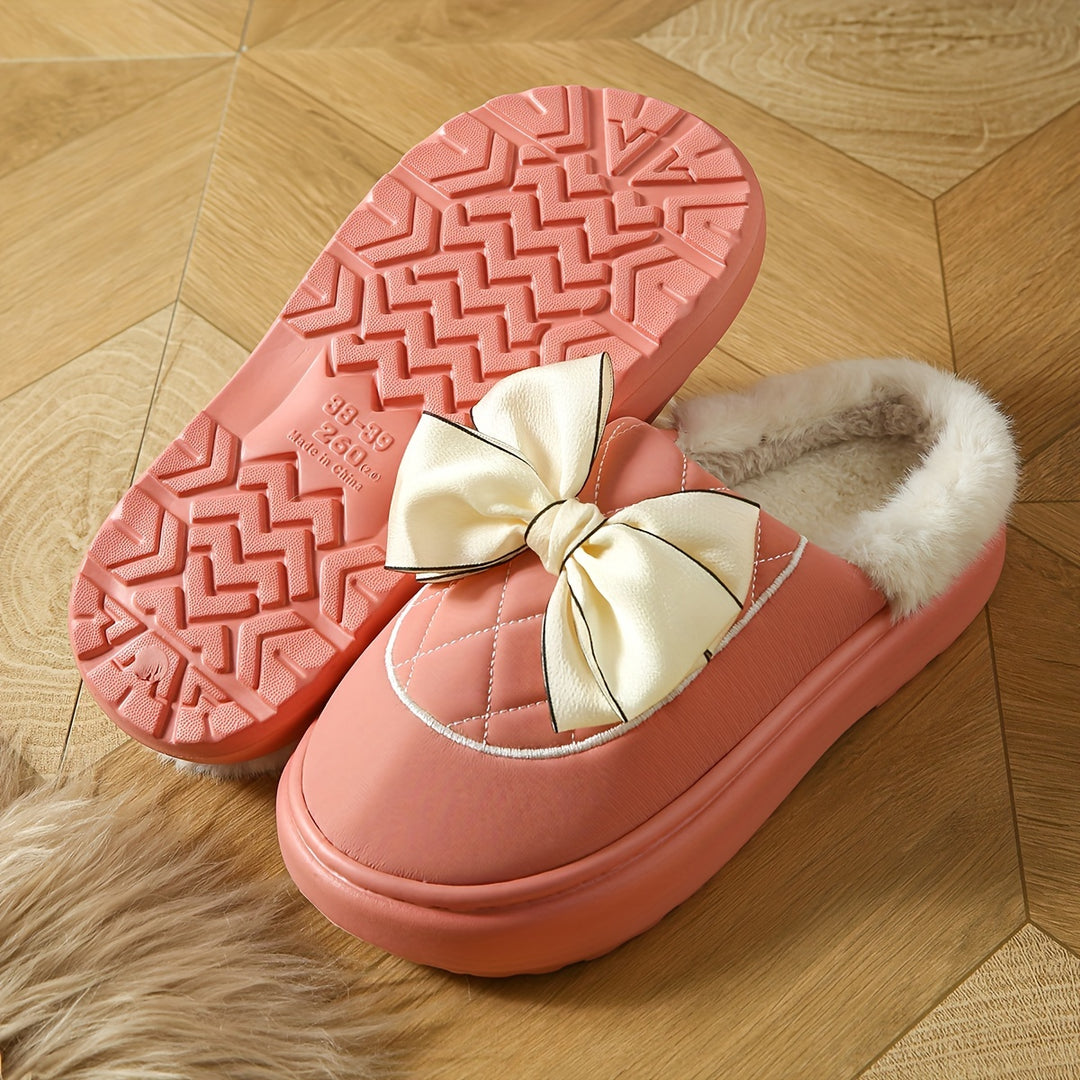 Women's Winter Bow Mules – Warm Plush-Lined Winter Shoes with a Non-Slip Sole