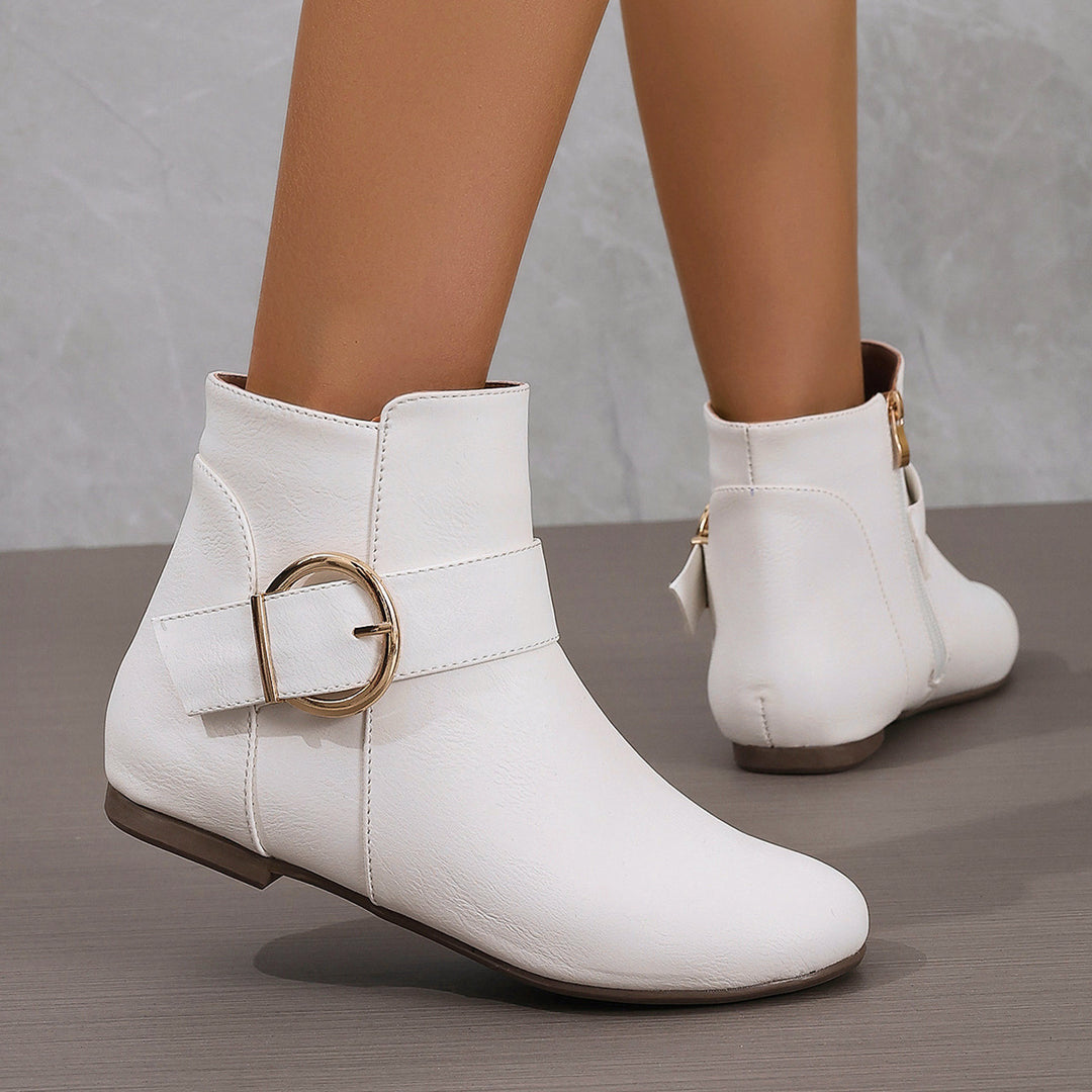 Women's Vintage Ankle Boots – Comfortable Flat Boots with Buckle & Side Zipper
