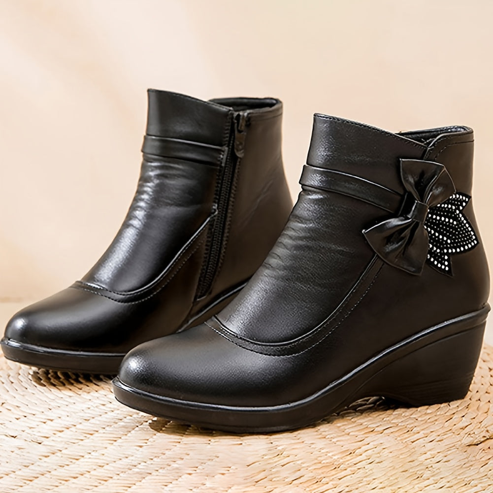 Women's Warm Wedge Booties – Wide Width Comfort Ankle Boots with Side Zip & Bow Accent