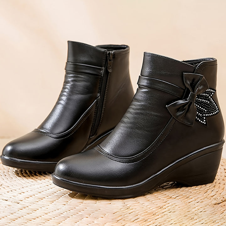 Women's Warm Wedge Booties – Wide Width Comfort Ankle Boots with Side Zip & Bow Accent