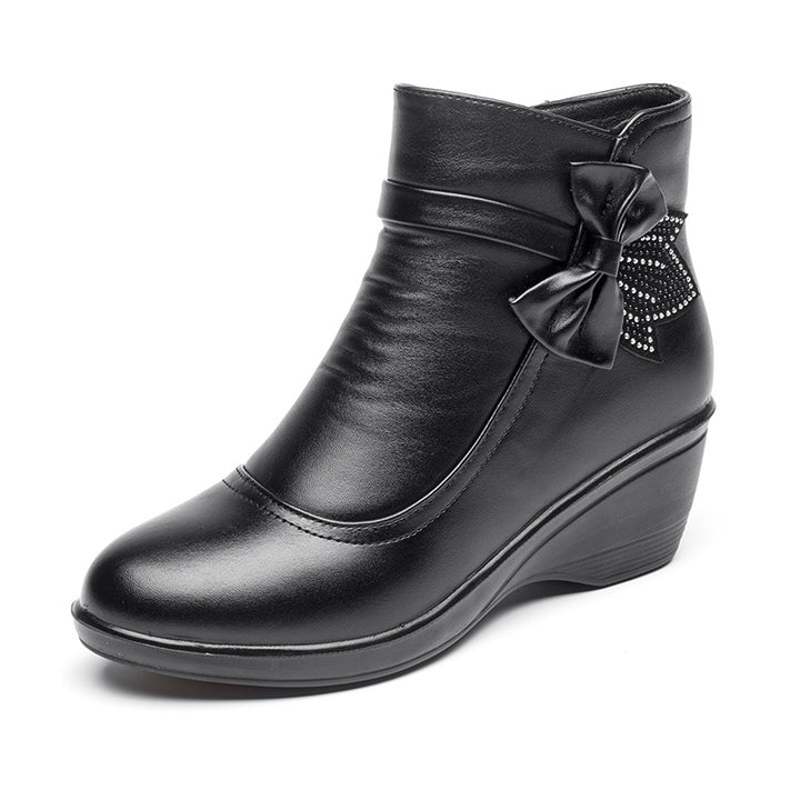 Women's Warm Wedge Booties – Wide Width Comfort Ankle Boots with Side Zip & Bow Accent