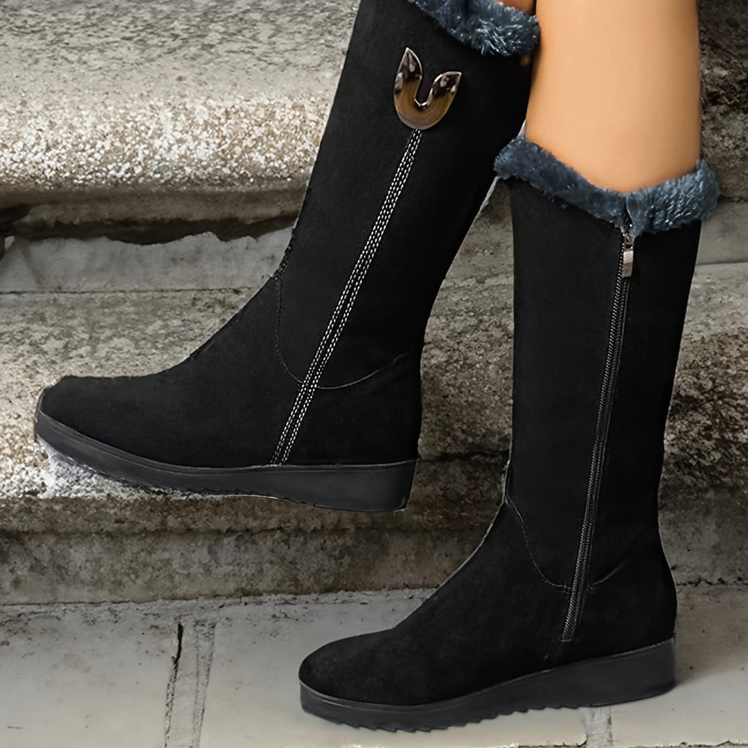 Women's Winter Comfort Boots – Mid-Calf, Flat Anti-Slip Sole with Soft Fleece Interior