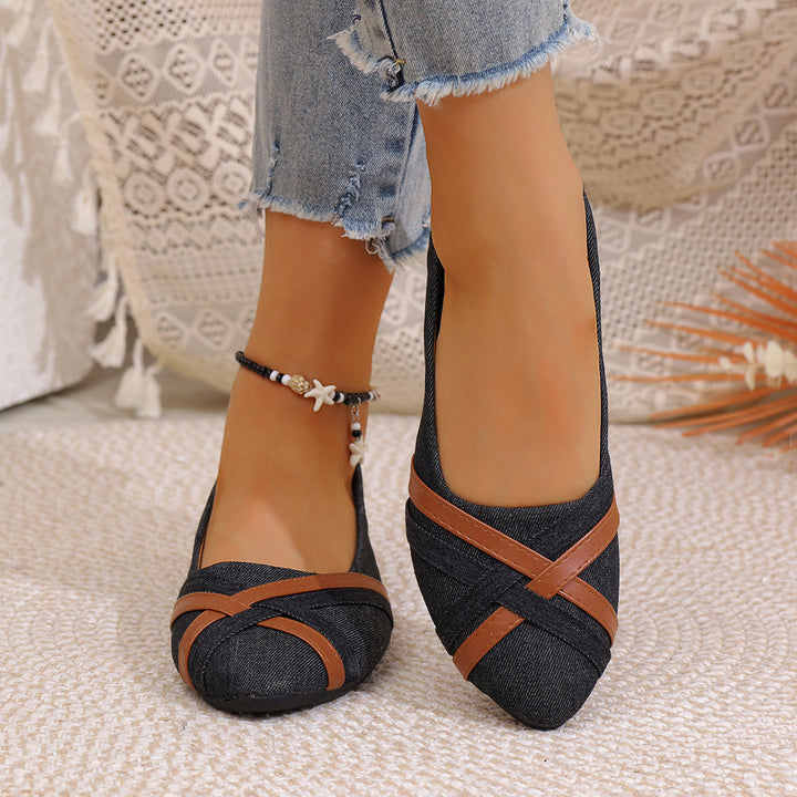 Women's Denim Cross Strap Flats – Comfortable Casual Slip-On Shoes