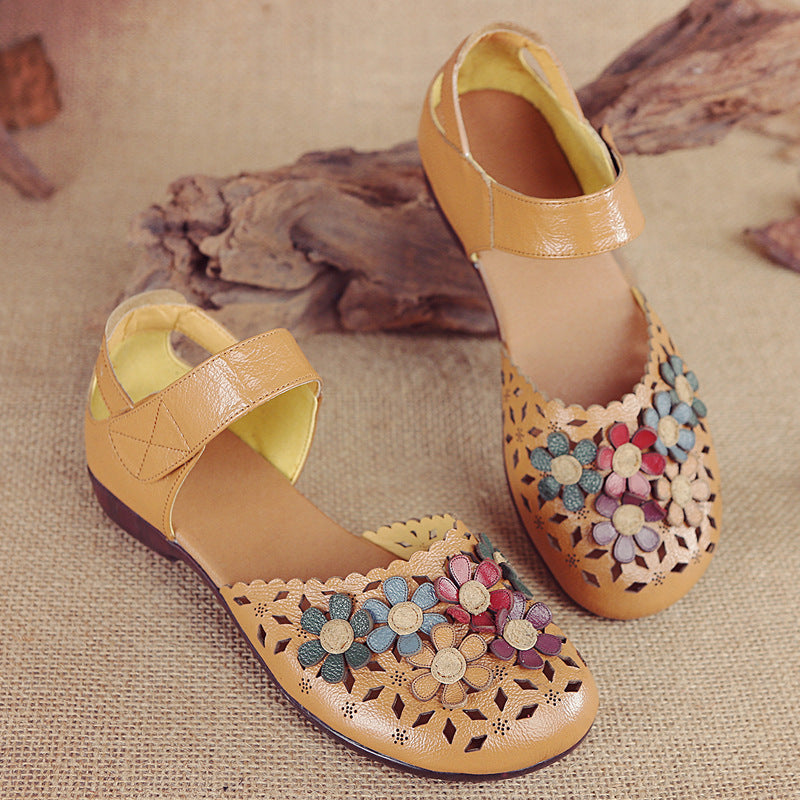 Women's Handmade Leather Sandals – Floral Comfort Soft Sole Summer Shoes