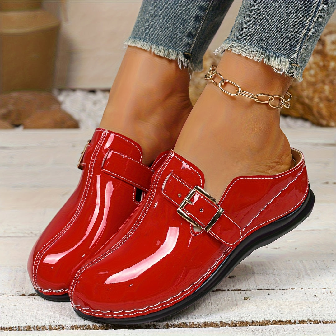 Women's Comfortable Mules – Glossy Leather Buckle Shoes