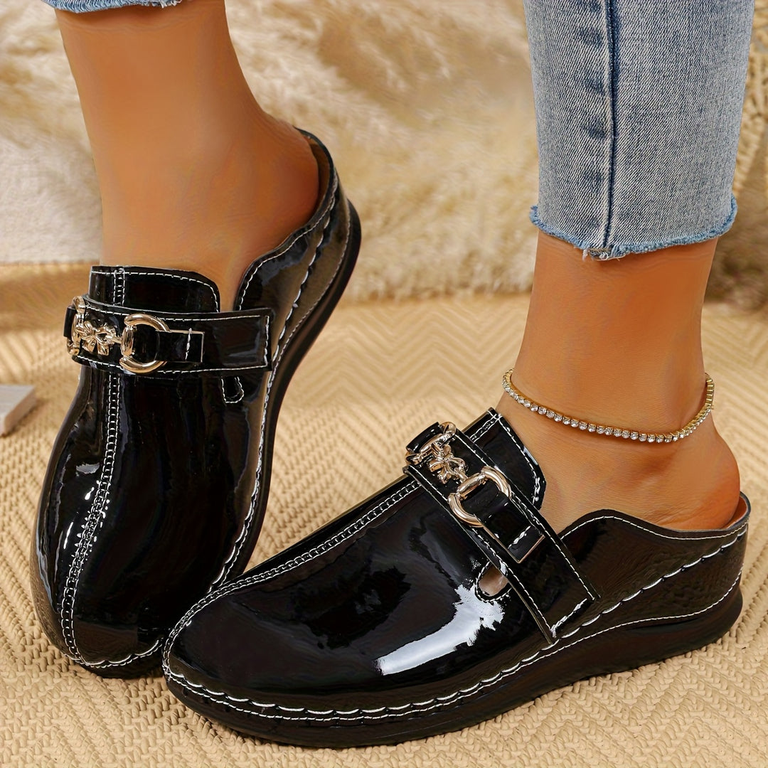 Women's Patent Leather  Mules – Comfortable Buckle Casual Shoes