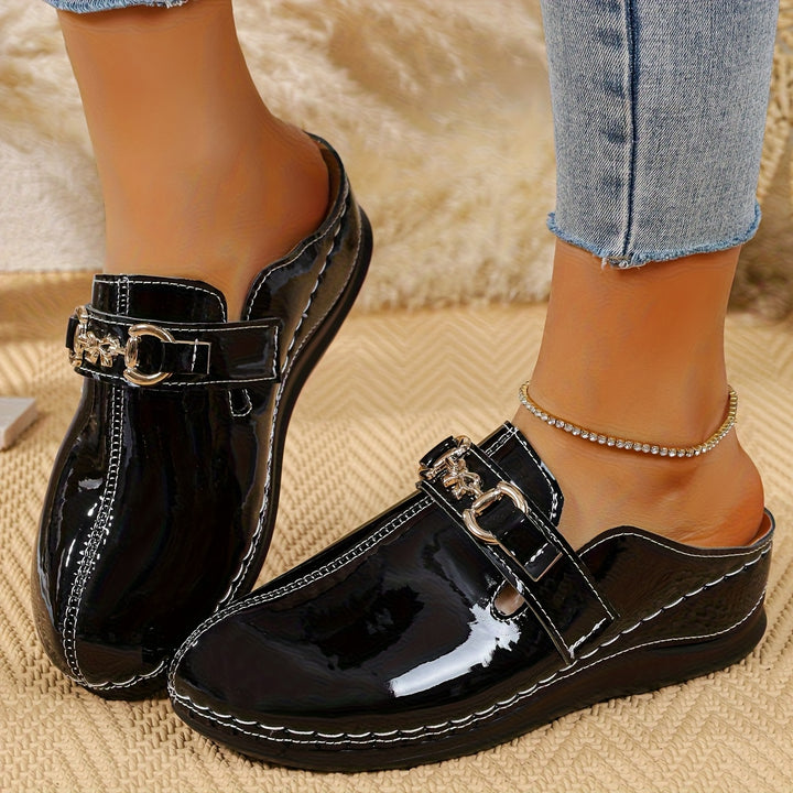 Women's Patent Leather  Mules – Comfortable Buckle Casual Shoes