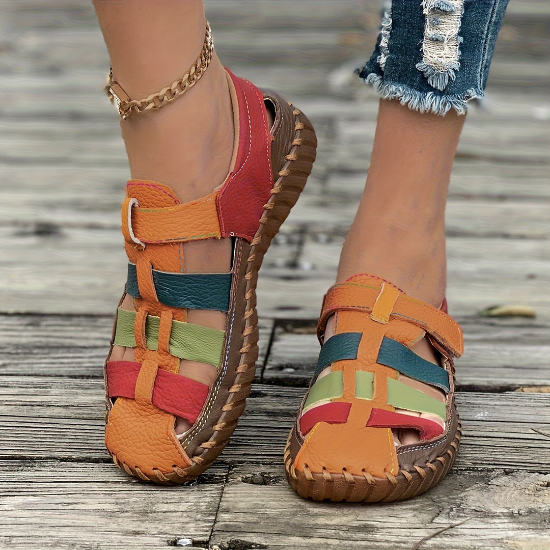 Handcrafted Leather Comfort Sandals – Colorblock Woven Slip-Ons for All-Day Walking