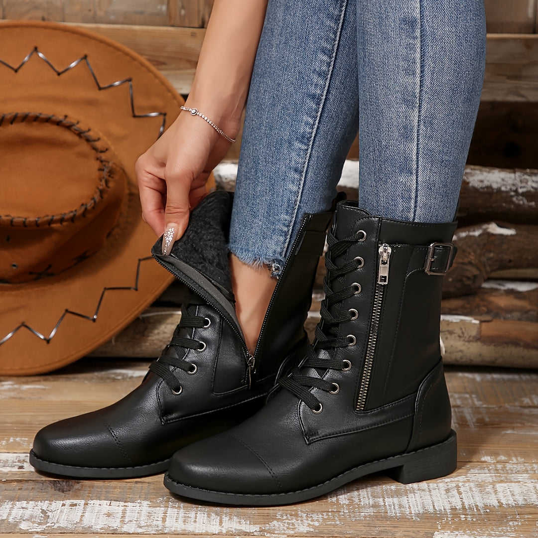 Women's Vintage Lace-Up Boots – Classic Mid-Calf Boots with Low Heel & Side Zipper