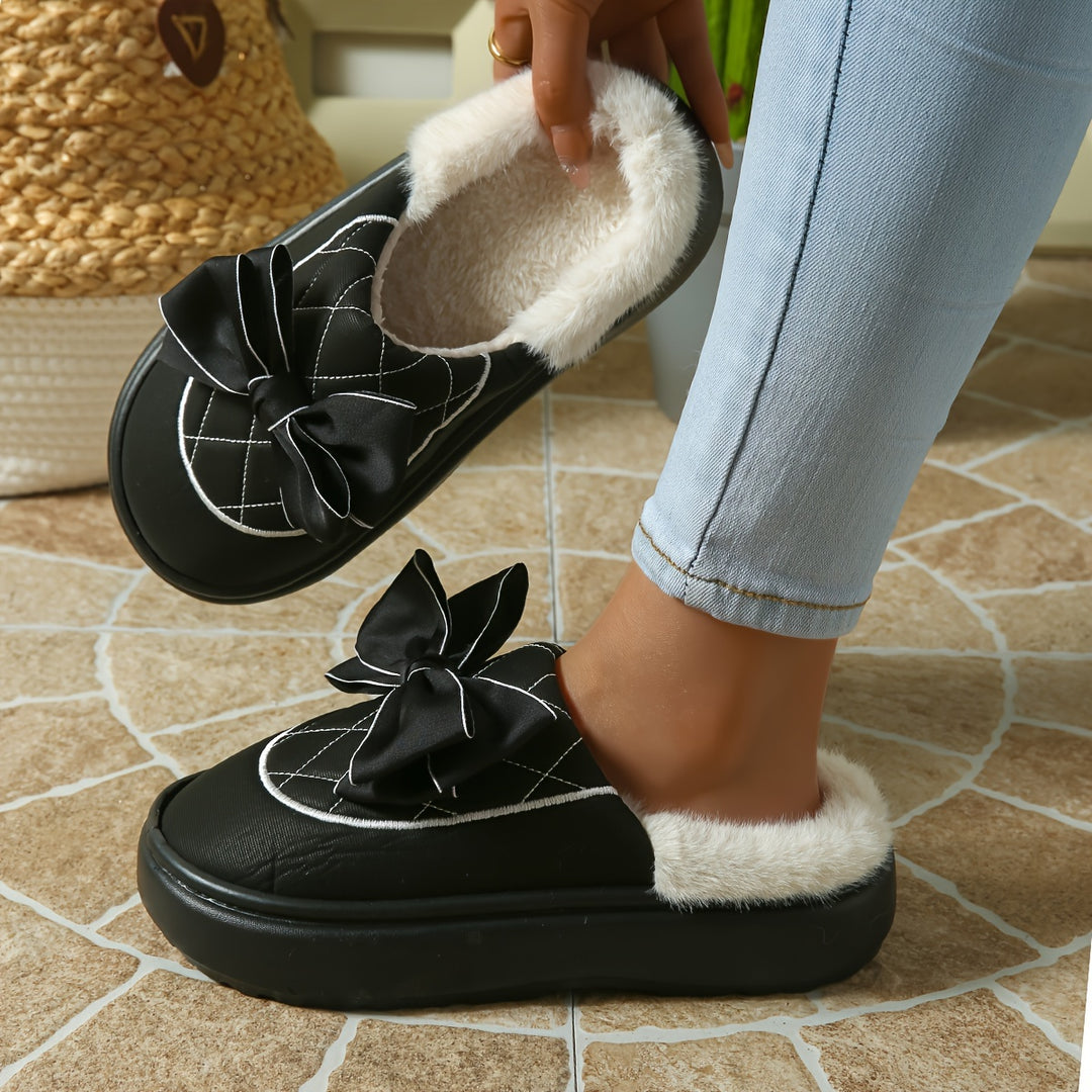Women's Winter Bow Mules – Warm Plush-Lined Winter Shoes with a Non-Slip Sole