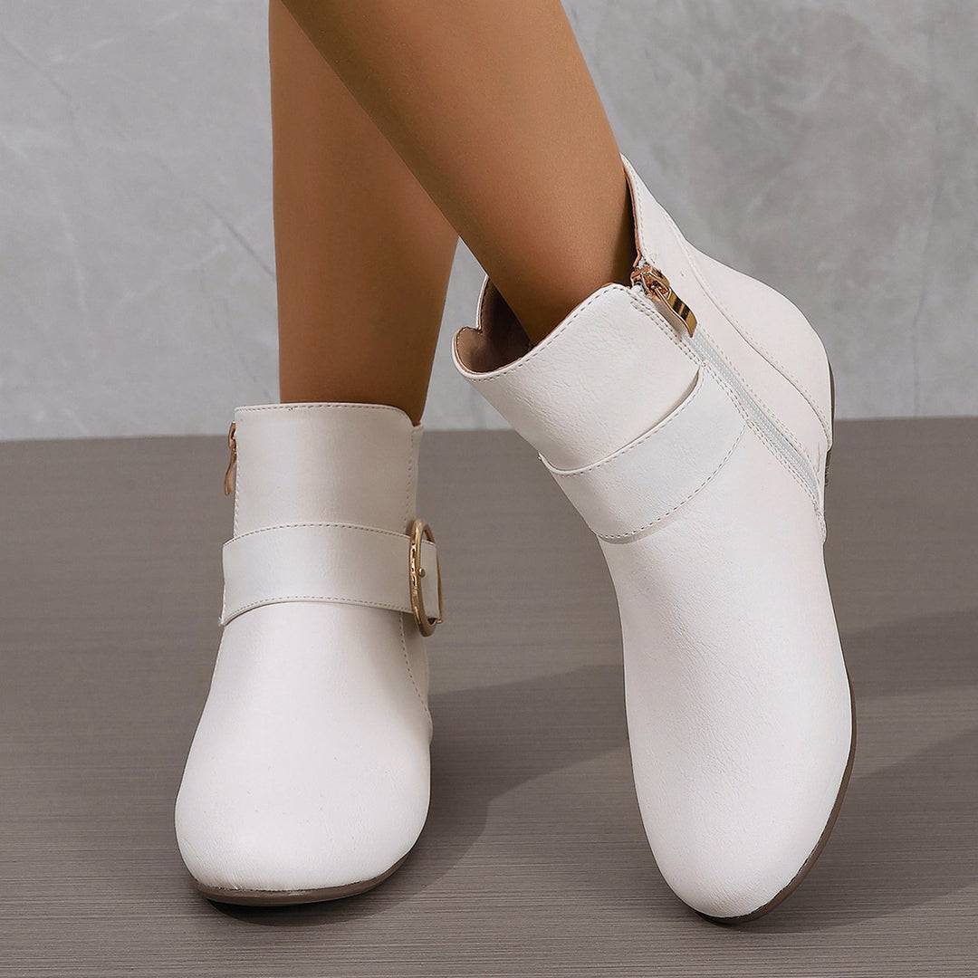 Women's Vintage Ankle Boots – Comfortable Flat Boots with Buckle & Side Zipper