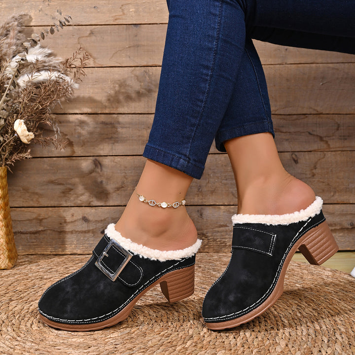 Women's Vintage Plush-Lined Mules – Cozy Slip-On Shoes for Fall & Winter