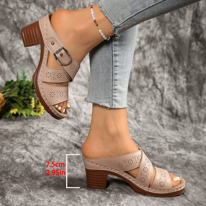 Women's Summer Cutout Chunky Heel Sandals – Stylish Comfort for Mature Feet