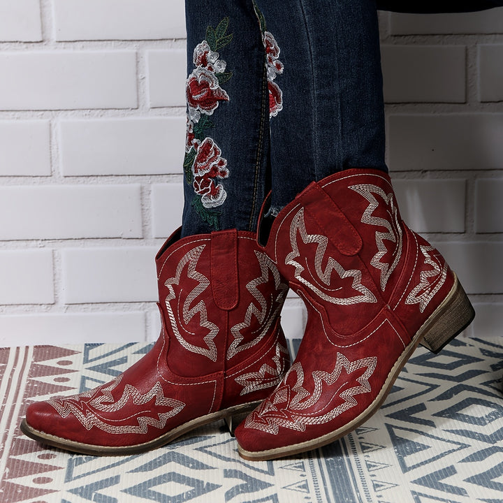 Women's Western Embroidery Mid-Heel Ankle Boots
