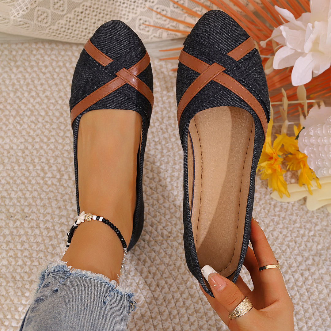 Women's Denim Cross Strap Flats – Comfortable Casual Slip-On Shoes