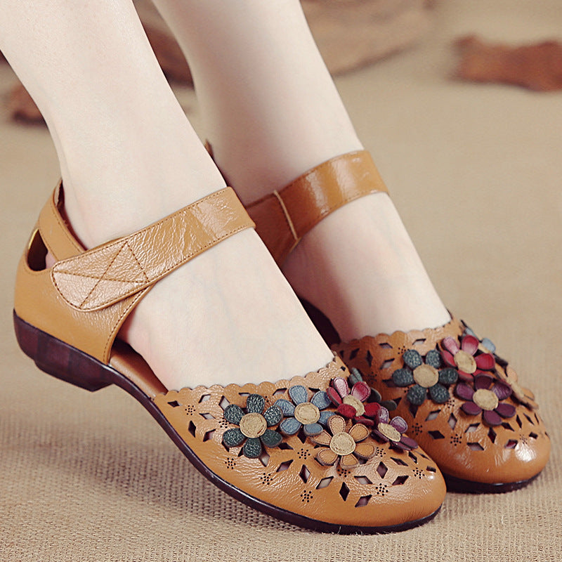 Women's Handmade Leather Sandals – Floral Comfort Soft Sole Summer Shoes
