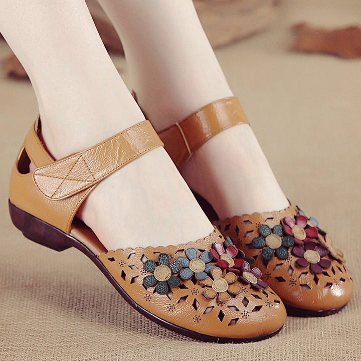 Women's Handmade Leather Sandals – Floral Comfort Soft Sole Summer Shoes