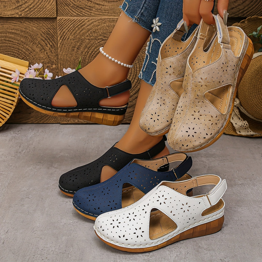 Women's Breathable Cutout Wedge Sandals – Adjustable Strap Comfort Shoes