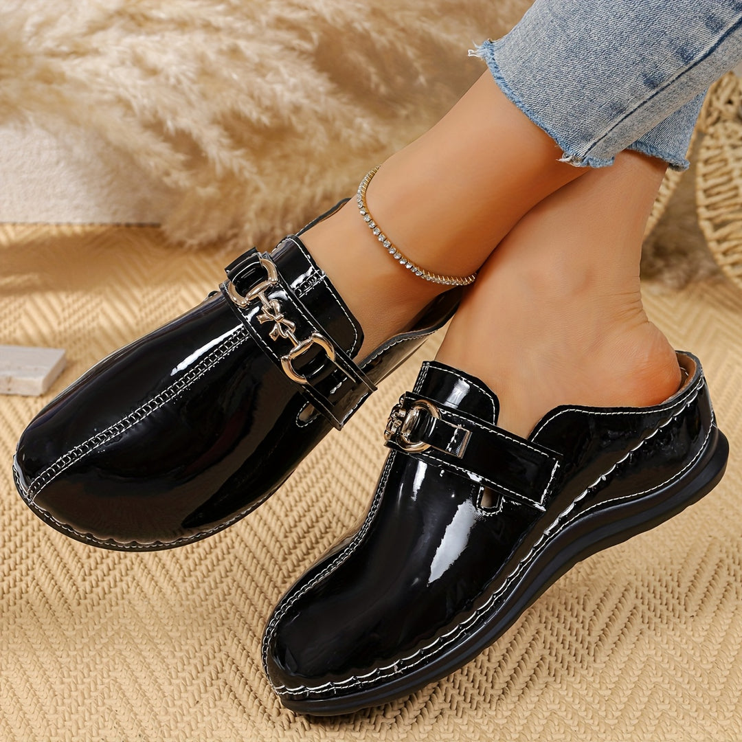 Women's Patent Leather  Mules – Comfortable Buckle Casual Shoes