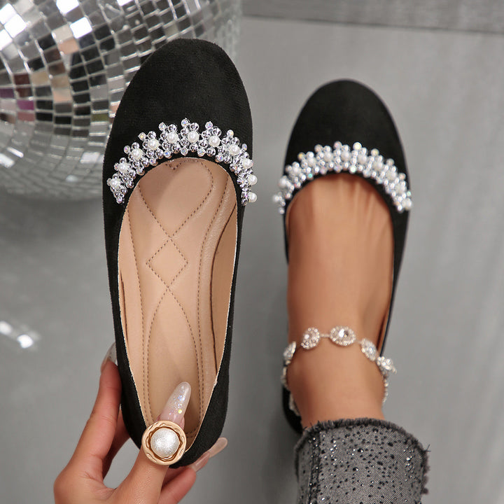 Women's Elegant Velvet Flats – Soft Comfort Shoes with Beaded Rhinestone Detail