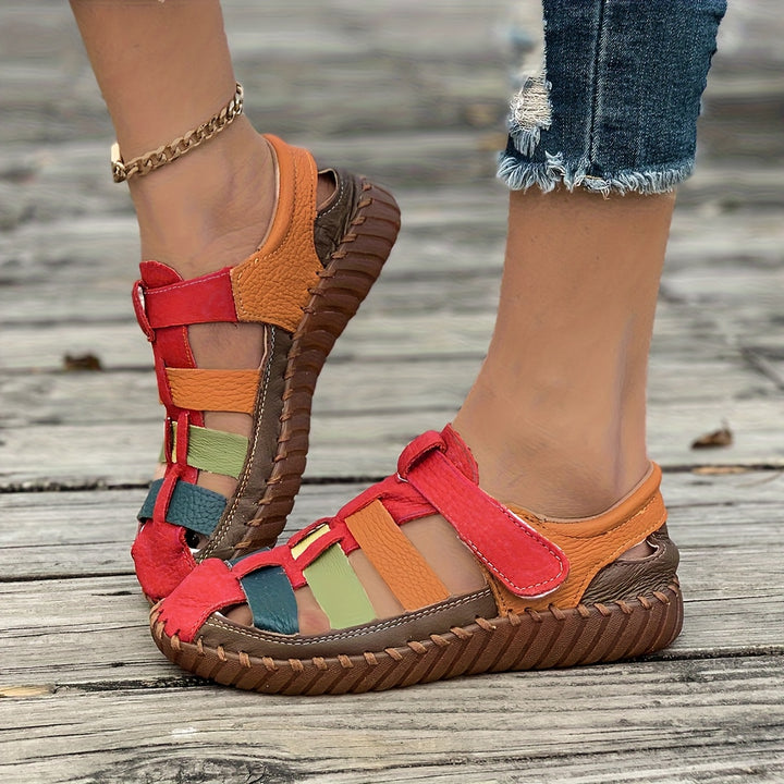 Handcrafted Leather Comfort Sandals – Colorblock Woven Slip-Ons for All-Day Walking