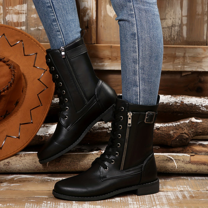 Women's Vintage Lace-Up Boots – Classic Mid-Calf Boots with Low Heel & Side Zipper