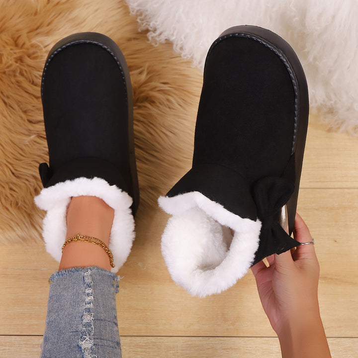 Women's Bow Ankle Boots – Warm Plush-Lined House Shoes for Fall & Winter