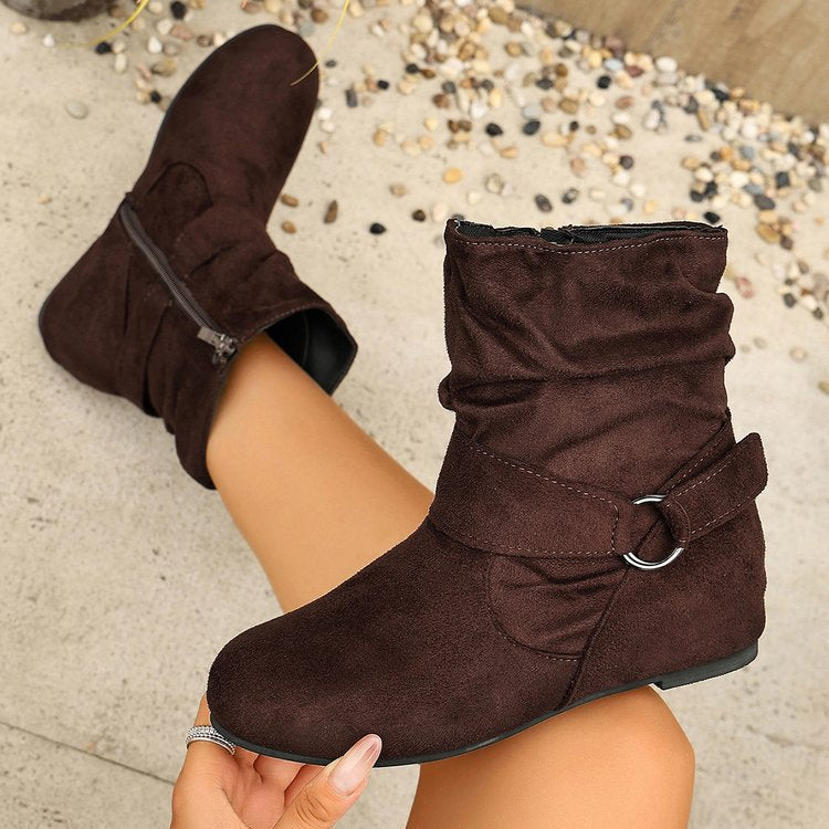 Women's Vintage Suede Ankle Boots – Round-Toe Flat Boots with Buckle Strap & Side Zip