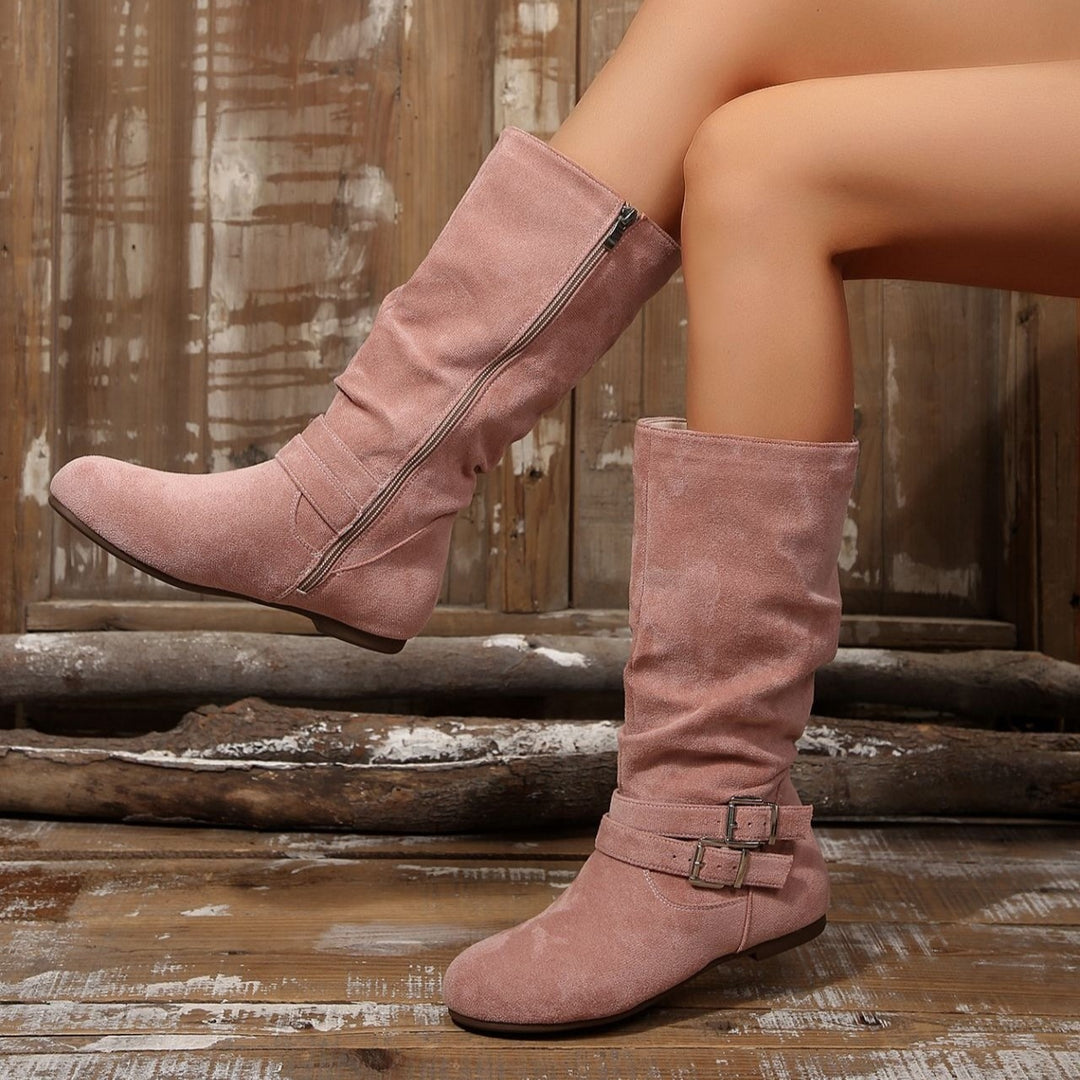 Women's Vintage Suede Tall Boots– Lightweight Flat Boots with Side Zipper & Buckle Detail