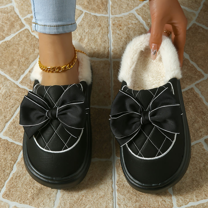 Women's Winter Bow Mules – Warm Plush-Lined Winter Shoes with a Non-Slip Sole