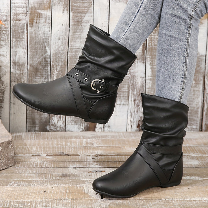 Women's Vintage Ankle Boots – Flat Sole Boots with Classic Buckle Detail