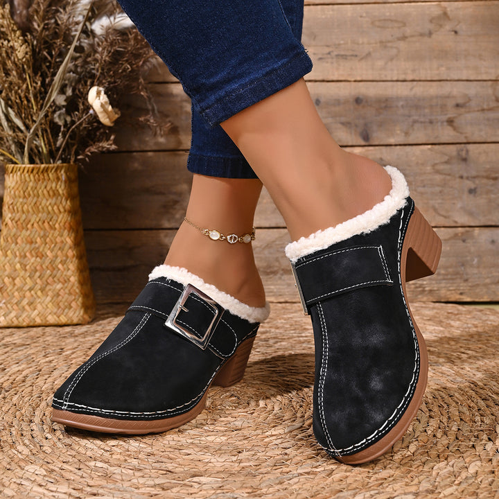 Women's Vintage Plush-Lined Mules – Cozy Slip-On Shoes for Fall & Winter