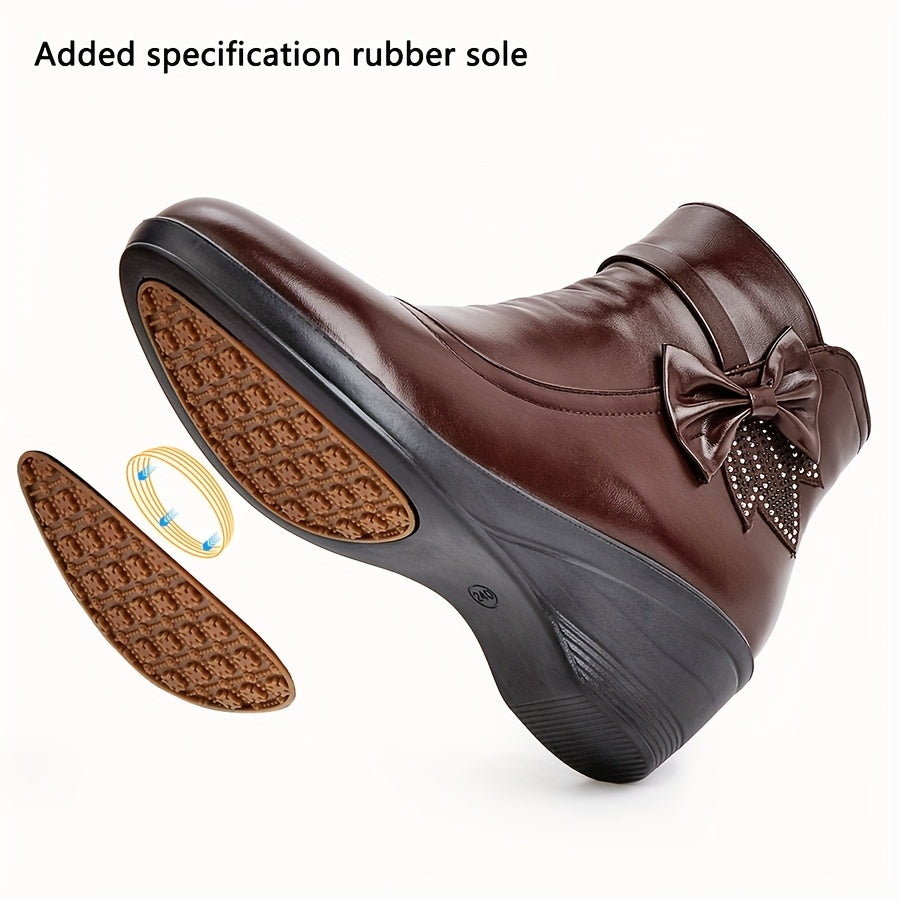 Women's Warm Wedge Booties – Wide Width Comfort Ankle Boots with Side Zip & Bow Accent