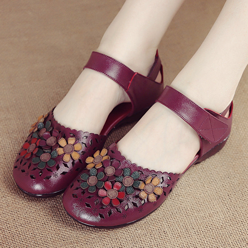Women's Handmade Leather Sandals – Floral Comfort Soft Sole Summer Shoes