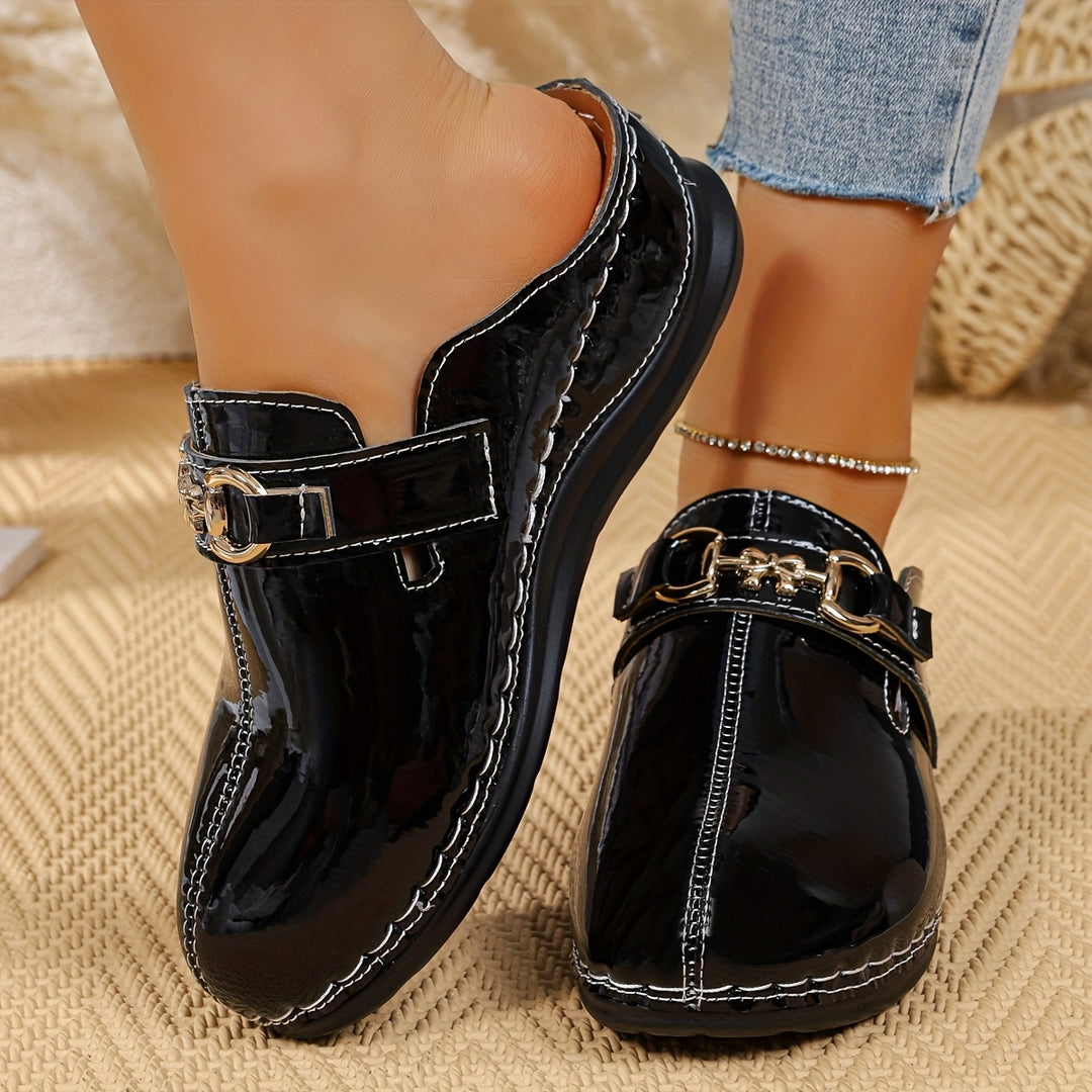 Women's Patent Leather  Mules – Comfortable Buckle Casual Shoes