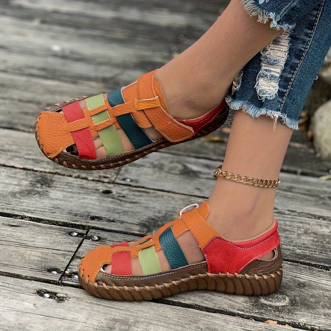 Handcrafted Leather Comfort Sandals – Colorblock Woven Slip-Ons for All-Day Walking