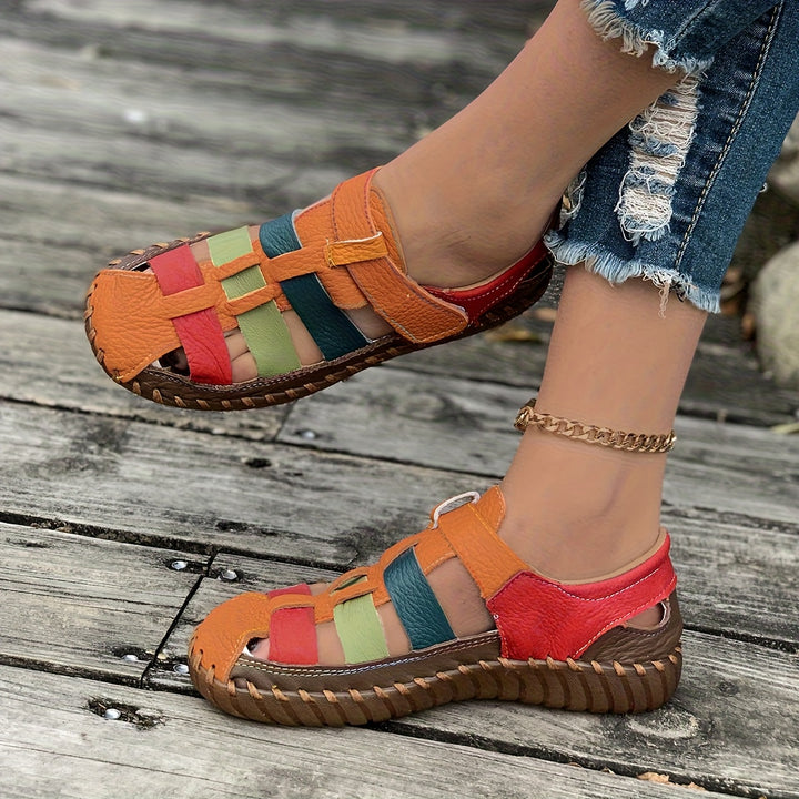 Handcrafted Leather Comfort Sandals – Colorblock Woven Slip-Ons for All-Day Walking