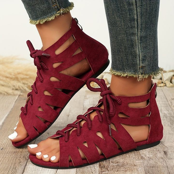 Women's Vintage Cutout Lace-Up Sandals– Breathable Cutout Design with Comfortable Flat Sole
