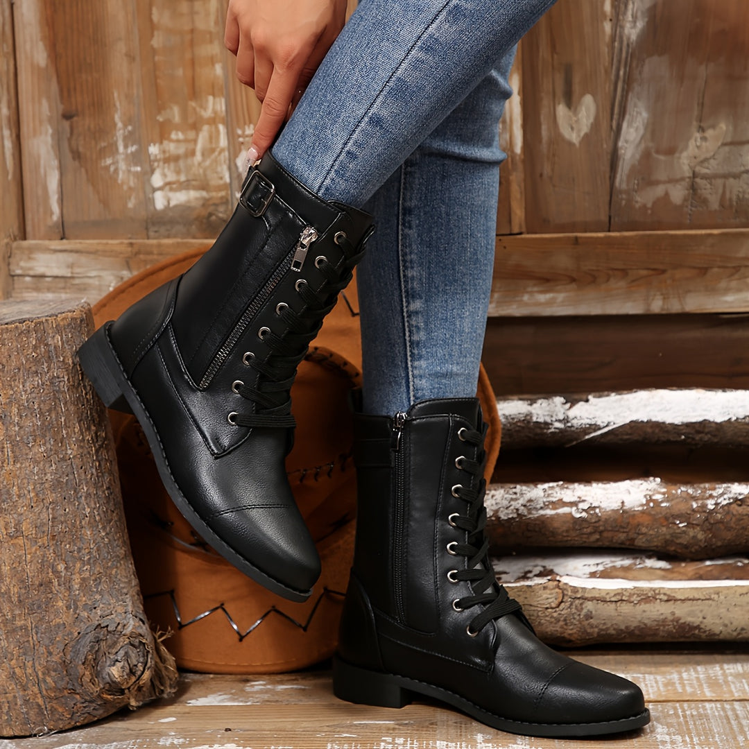 Women's Vintage Lace-Up Boots – Classic Mid-Calf Boots with Low Heel & Side Zipper