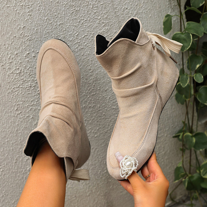Women's Vintage Bow Ankle Boots –Comfortable  Lace-Up Flat Shoes for Fall & Winter