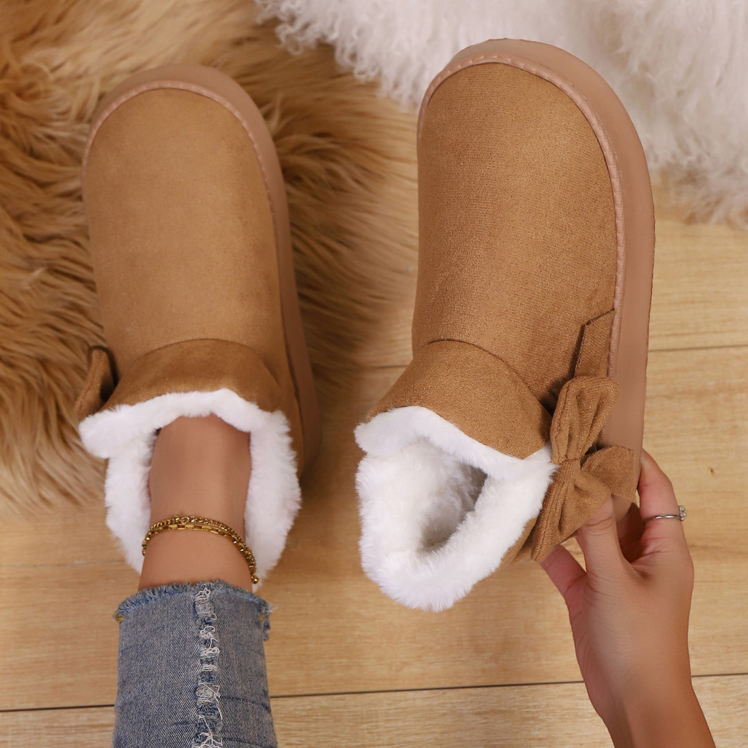 Women's Bow Ankle Boots – Warm Plush-Lined House Shoes for Fall & Winter