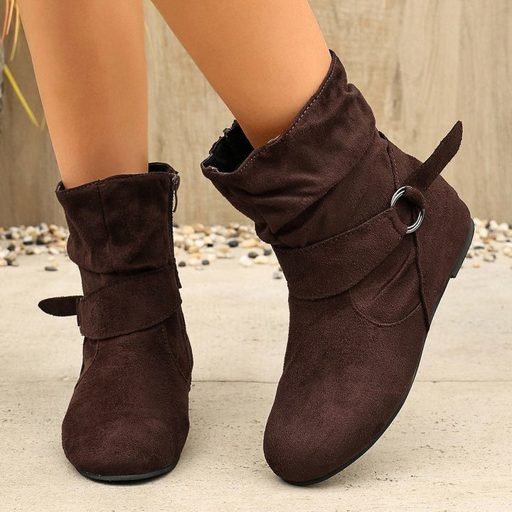 Women's Vintage Suede Ankle Boots – Round-Toe Flat Boots with Buckle Strap & Side Zip