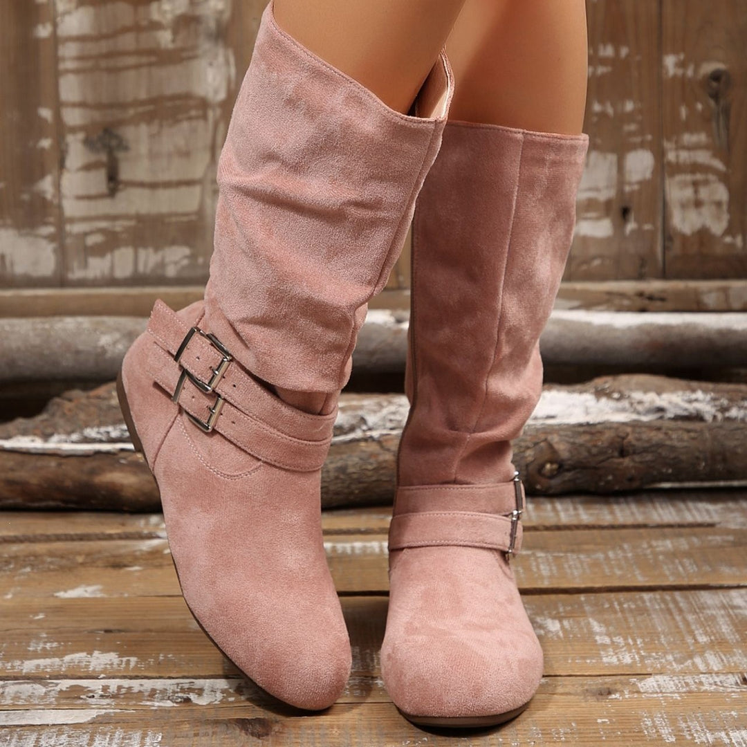 Women's Vintage Suede Tall Boots– Lightweight Flat Boots with Side Zipper & Buckle Detail