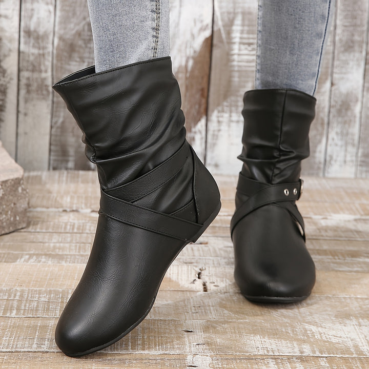Women's Vintage Ankle Boots – Flat Sole Boots with Classic Buckle Detail