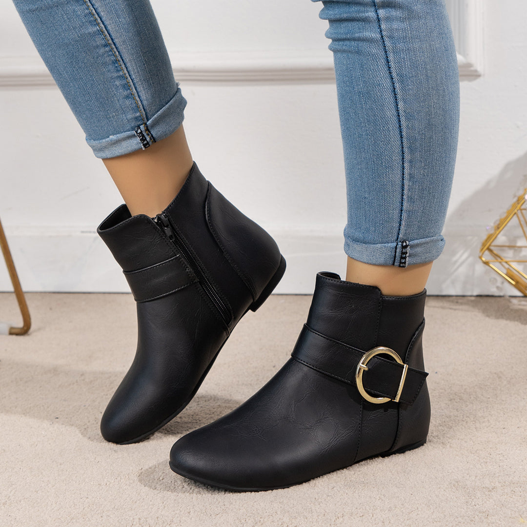 Women's Vintage Ankle Boots – Comfortable Flat Boots with Buckle & Side Zipper