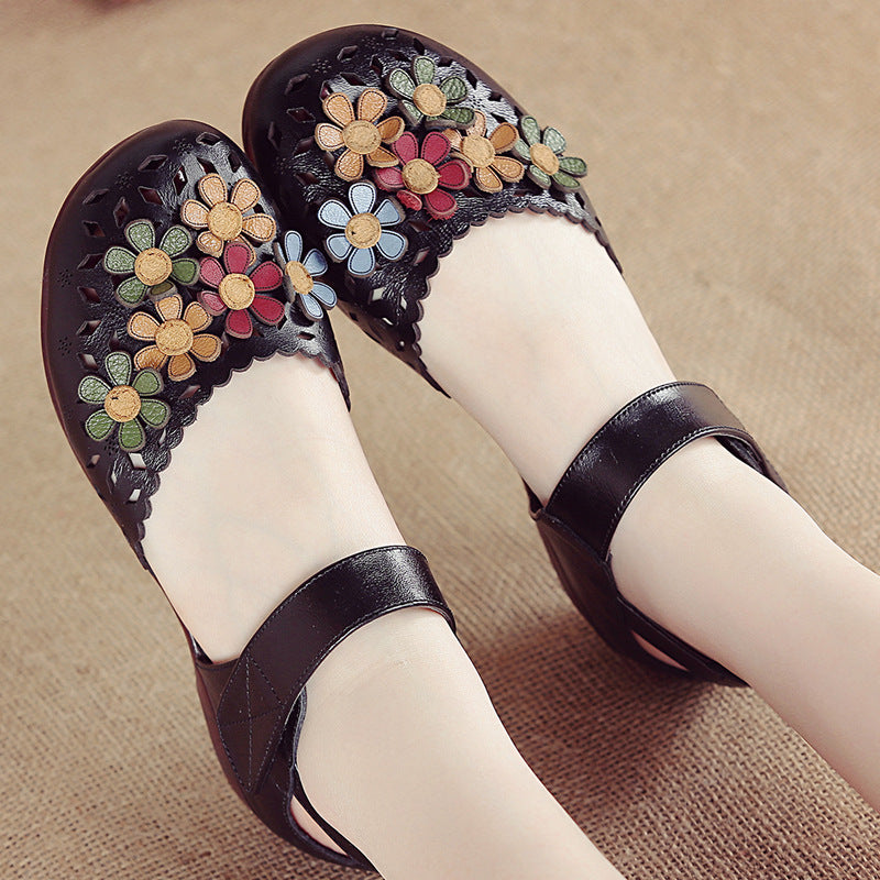 Women's Handmade Leather Sandals – Floral Comfort Soft Sole Summer Shoes